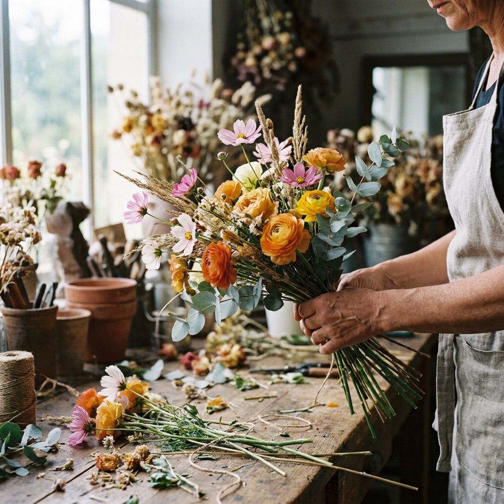Composition d'un bouquet à l'atelier
